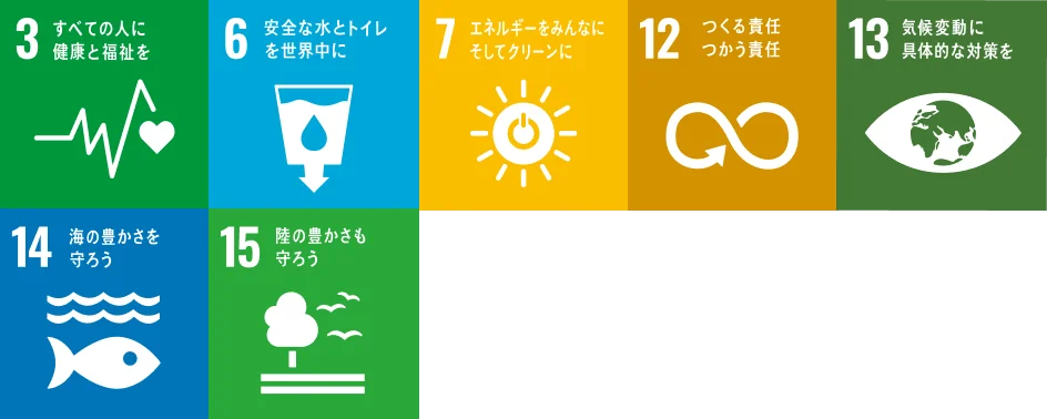 SDGs目標3, 6, 7, 12, 13, 14, 15